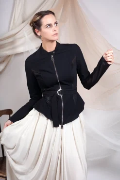 Mesh Panelled Jacket with Belt in Nero