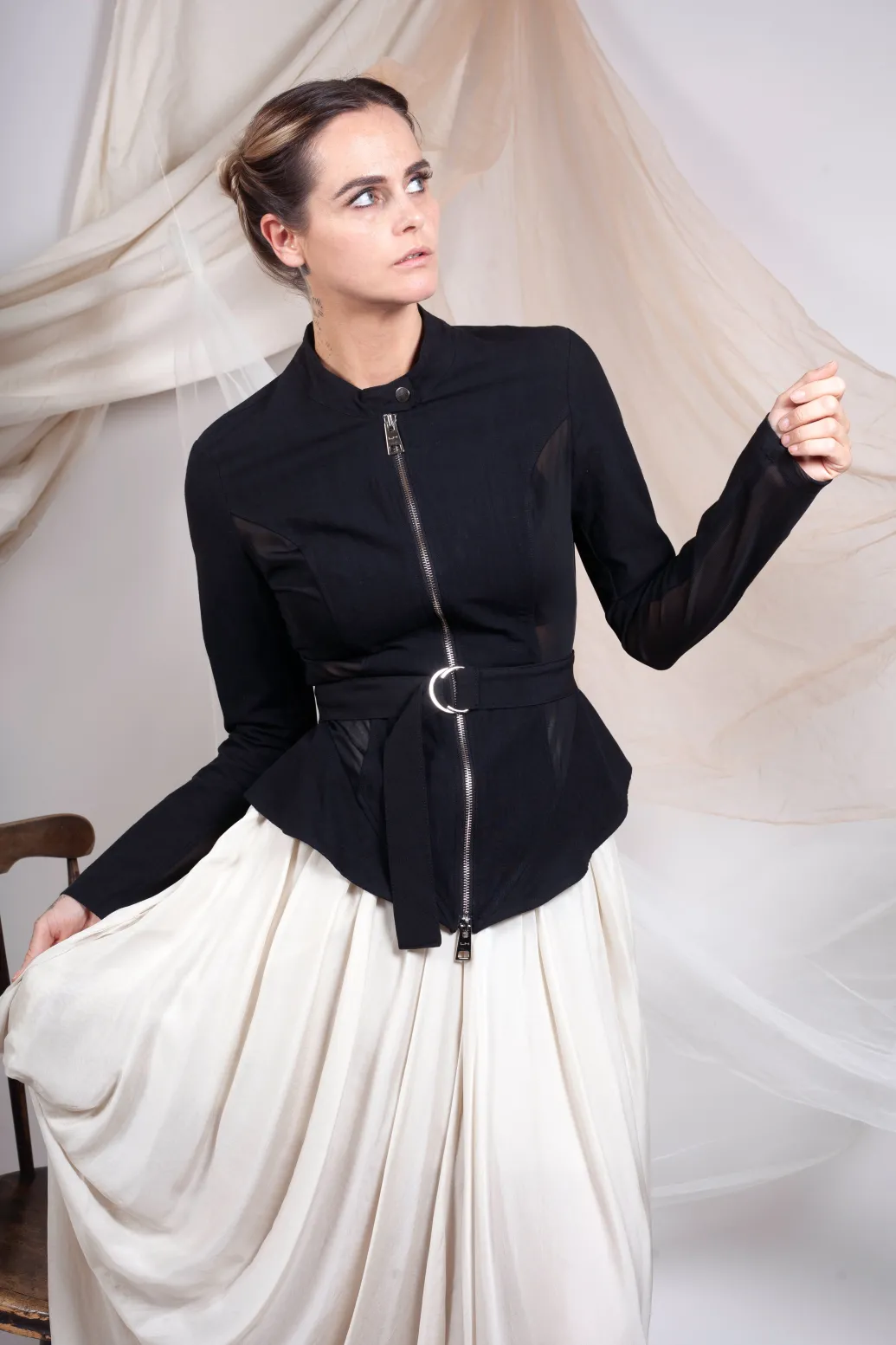 Mesh Panelled Jacket with Belt in Nero