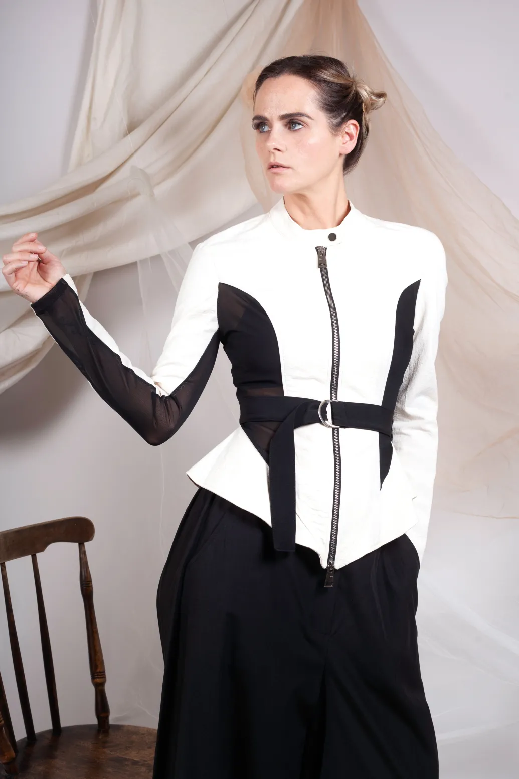 Mesh Panelled Jacket with Belt in Bianco