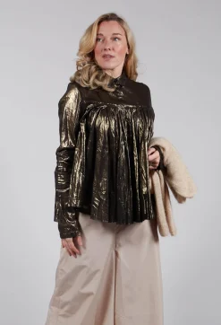 Metallic Button Up Blouse in Gold Black