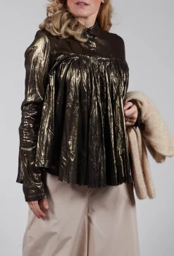 Metallic Button Up Blouse in Gold Black