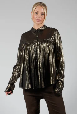 Metallic Button Up Blouse in Gold Black