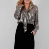 Metallic Shirt with Neck Tie in Silver