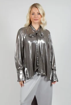 Metallic Shirt with Neck Tie in Silver
