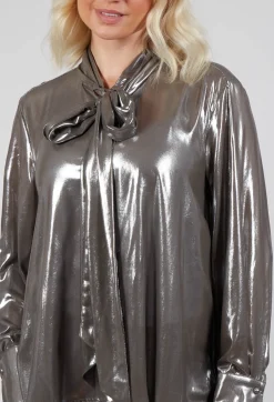 Metallic Shirt with Neck Tie in Silver