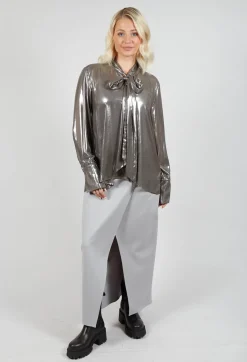 Metallic Shirt with Neck Tie in Silver