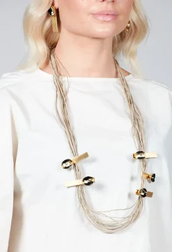 Multistrand Necklace with Multiple Metal Pendants