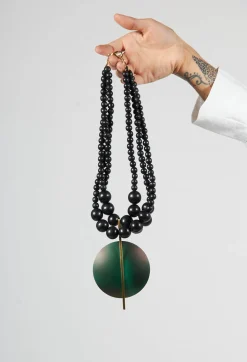 Multistrand Necklace with Metallic Green Pendant