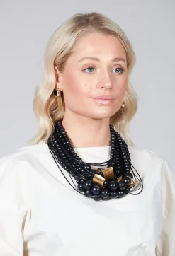 Multistrand Necklace with Beads and Metal Pendants