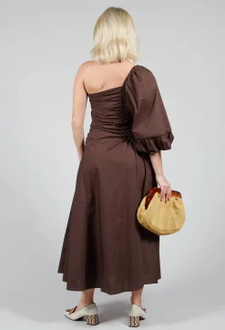 One Shoulder Ruched Dress in Chocolate