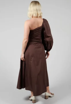 One Shoulder Ruched Dress in Chocolate