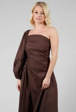 One Shoulder Ruched Dress in Chocolate
