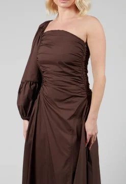 One Shoulder Ruched Dress in Chocolate