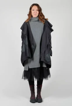 Open Collar Coat with Print in Black