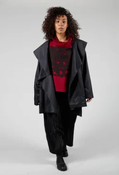 Open Collar Coat with Print in Black