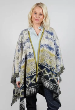 Open Front Cape in Beige and Navy Pattern