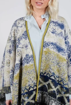 Open Front Cape in Beige and Navy Pattern