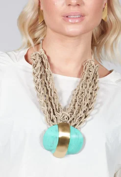 Oversized Necklace with Multiple Strings with Teal Pendant