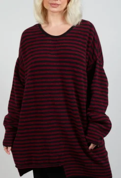 Oversized Pull Over in Striped Black and Merlot