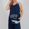 Oversized Top with High Low Hem in Navy Print