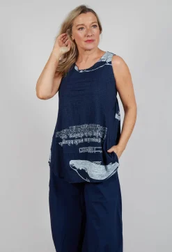 Oversized Top with High Low Hem in Navy Print