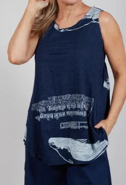 Oversized Top with High Low Hem in Navy Print