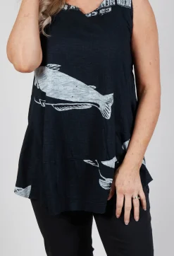 Oversized Top with High Low Hem in Black Print
