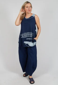 Oversized Top with High Low Hem in Navy Print