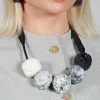 Paper Mache Ball Necklace with Ribbon Tie in Monochrome