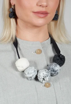 Paper Mache Ball Necklace with Ribbon Tie in Monochrome