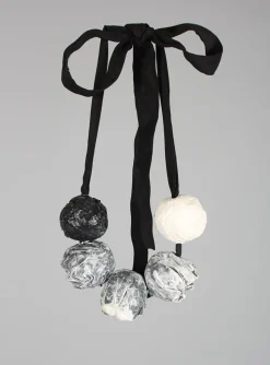 Paper Mache Ball Necklace with Ribbon Tie in Monochrome