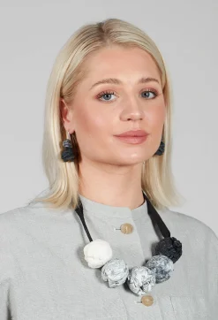 Paper Mache Ball Necklace with Ribbon Tie in Monochrome