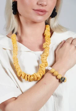 Paper Mache Bracelet with Floral Bead in Yellow