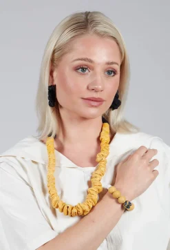 Paper Mache Bracelet with Floral Bead in Yellow