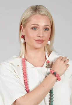 Paper Mache Bracelet with Floral Bead in Red