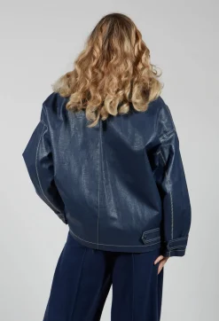 Parka Faux Leather Jacket in Blue Notte