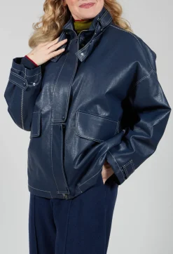 Parka Faux Leather Jacket in Blue Notte