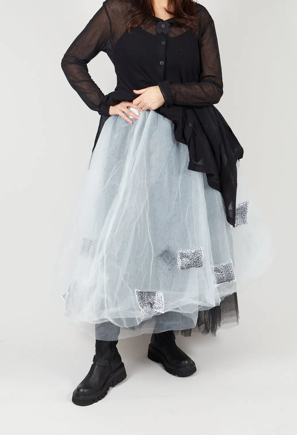 Patch Print Tulle Skirt in White