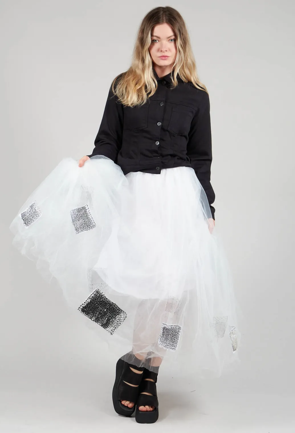 Patch Print Tulle Skirt in White