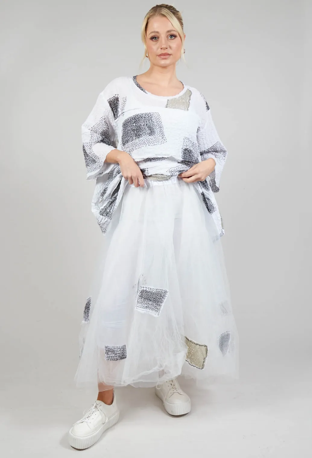 Patch Print Tulle Skirt in White
