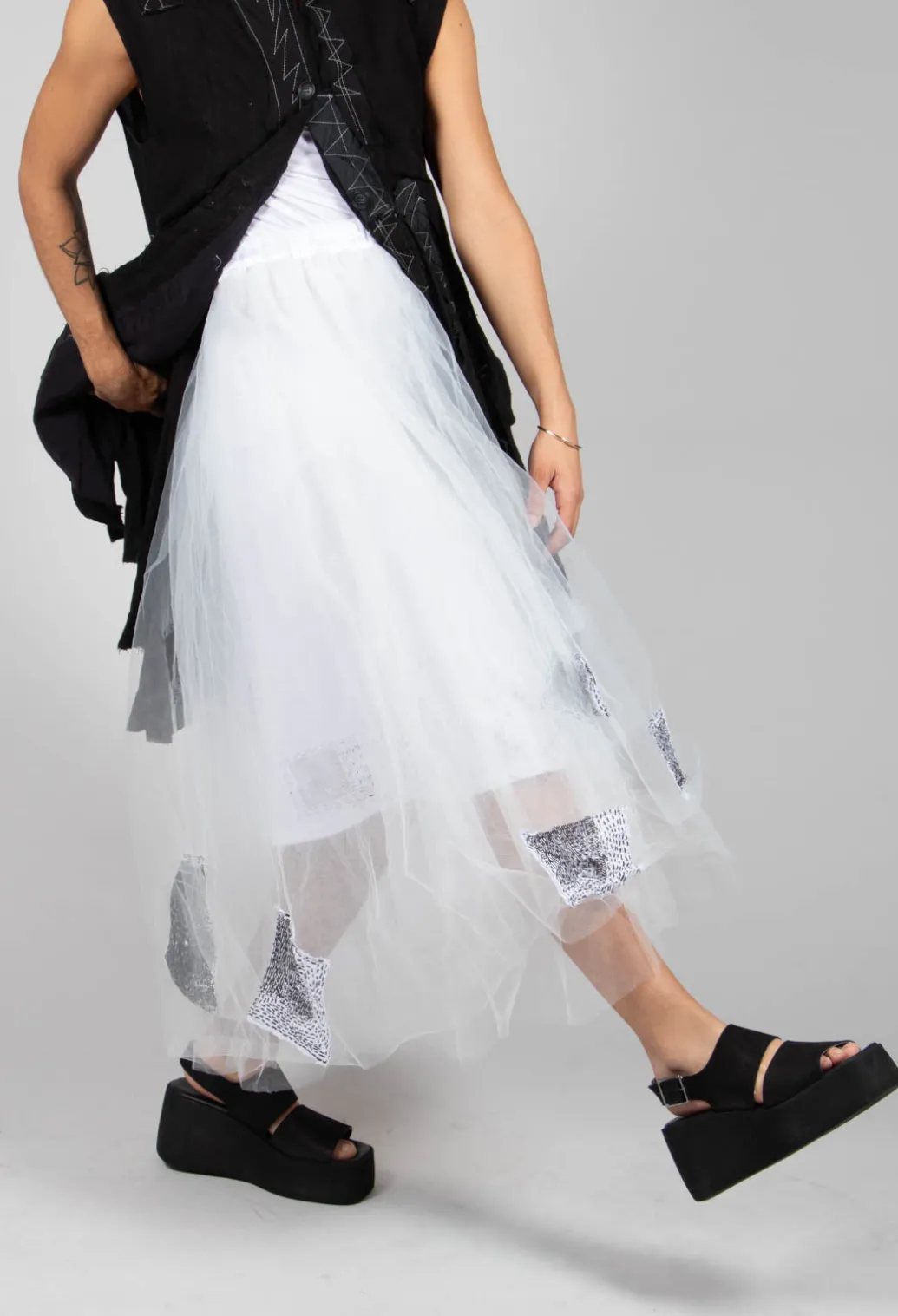 Patch Print Tulle Skirt in White