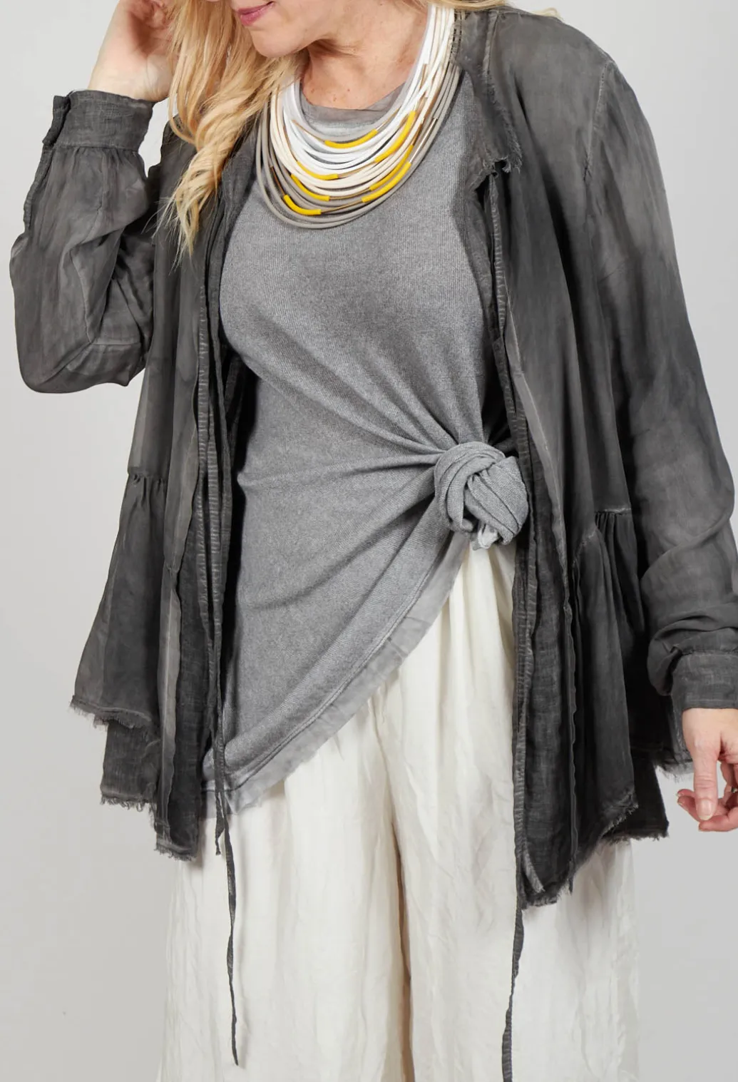 Peplum Tie Blouse in Lino Grey Storm