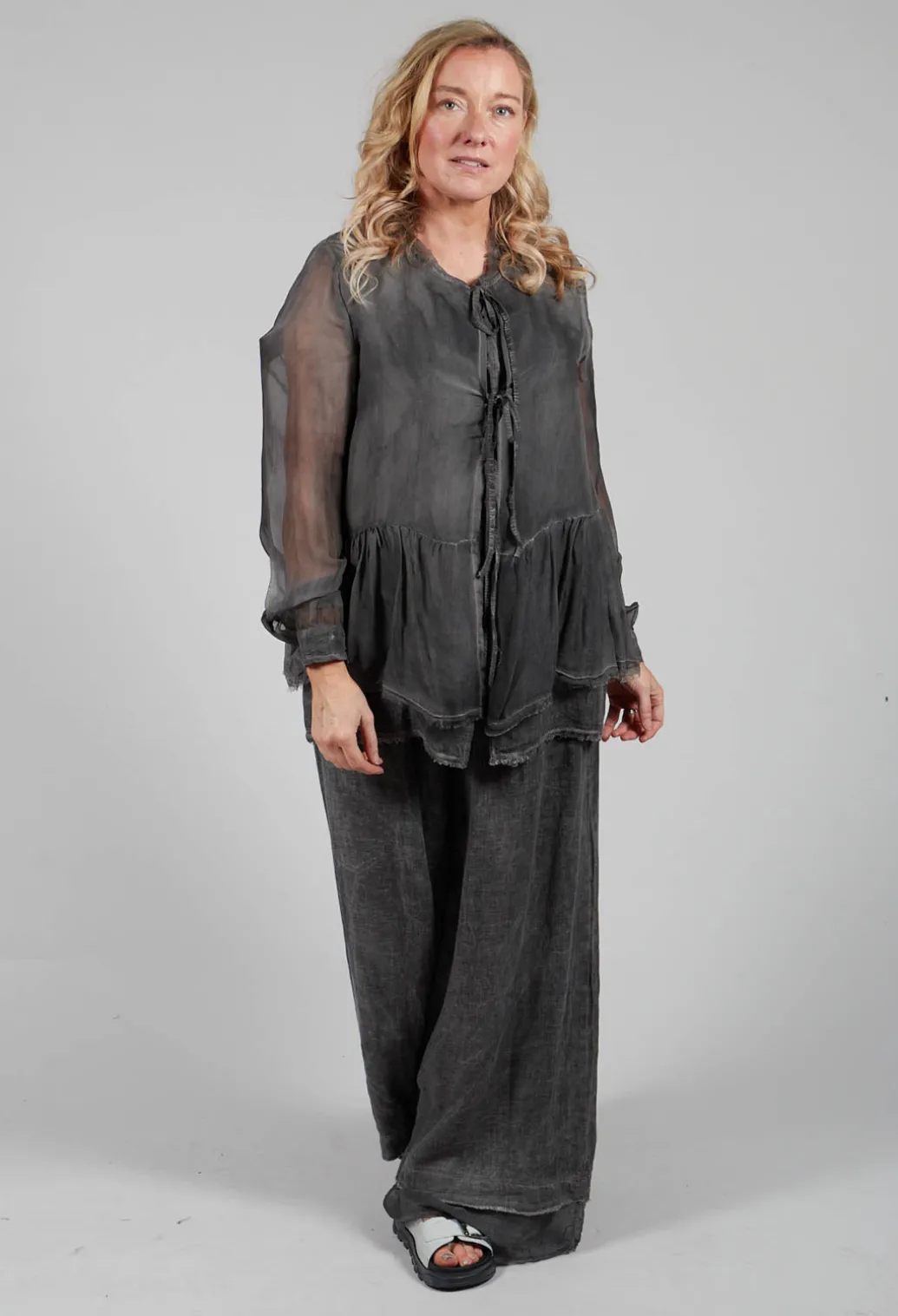 Peplum Tie Blouse in Lino Grey Storm