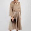 Pleated Dress with Overlay Top in Camel