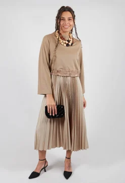 Pleated Dress with Overlay Top in Camel