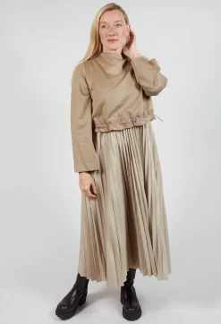 Pleated Dress with Overlay Top in Camel