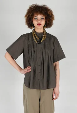 Pleated Front Blouse in Grey Brown