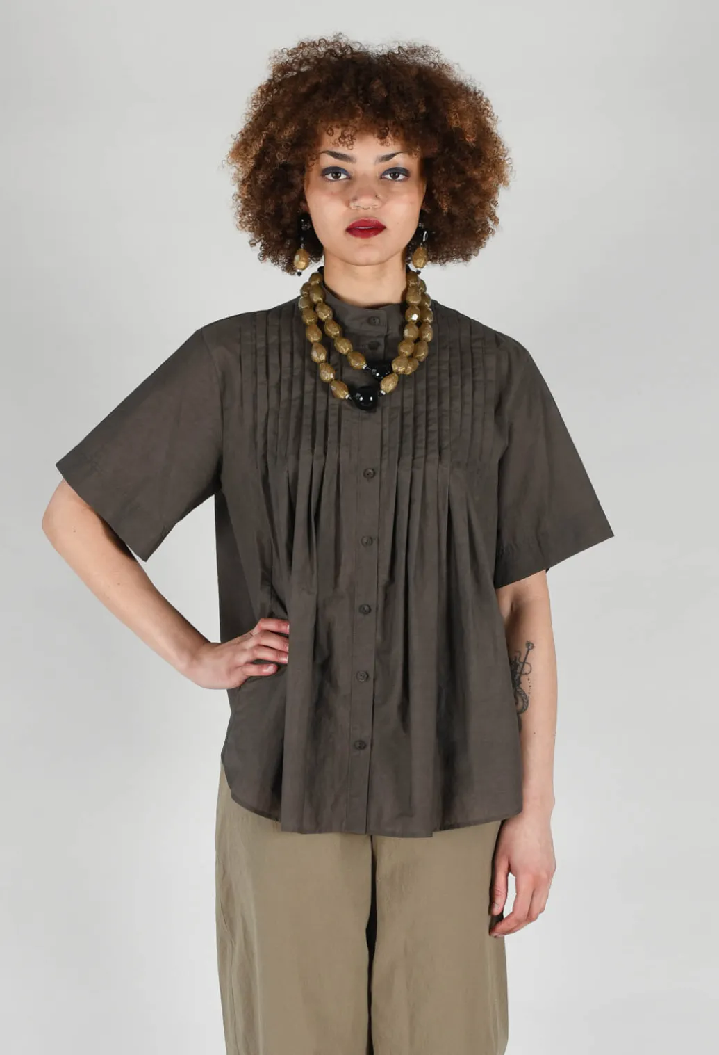 Pleated Front Blouse in Grey Brown