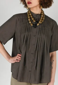 Pleated Front Blouse in Grey Brown