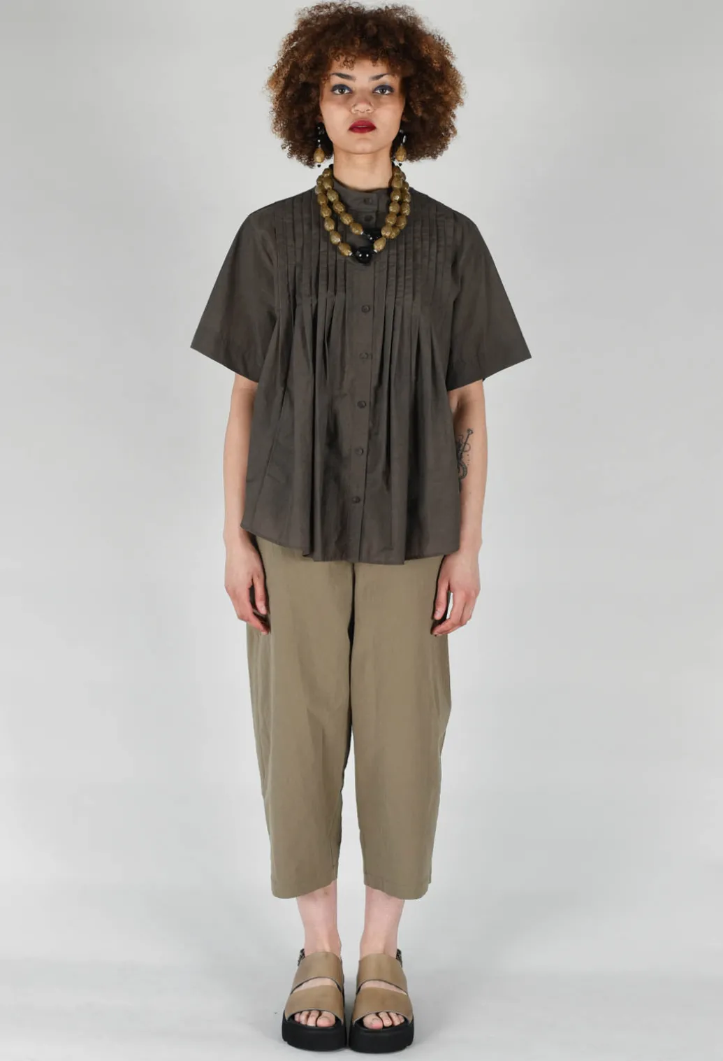 Pleated Front Blouse in Grey Brown